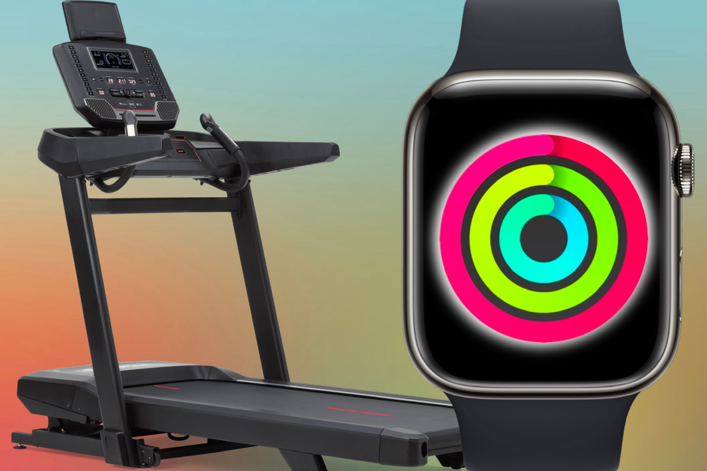 A treadmill next to an Apple Watch showcasing closed Activity Rings in front of a colorful background.