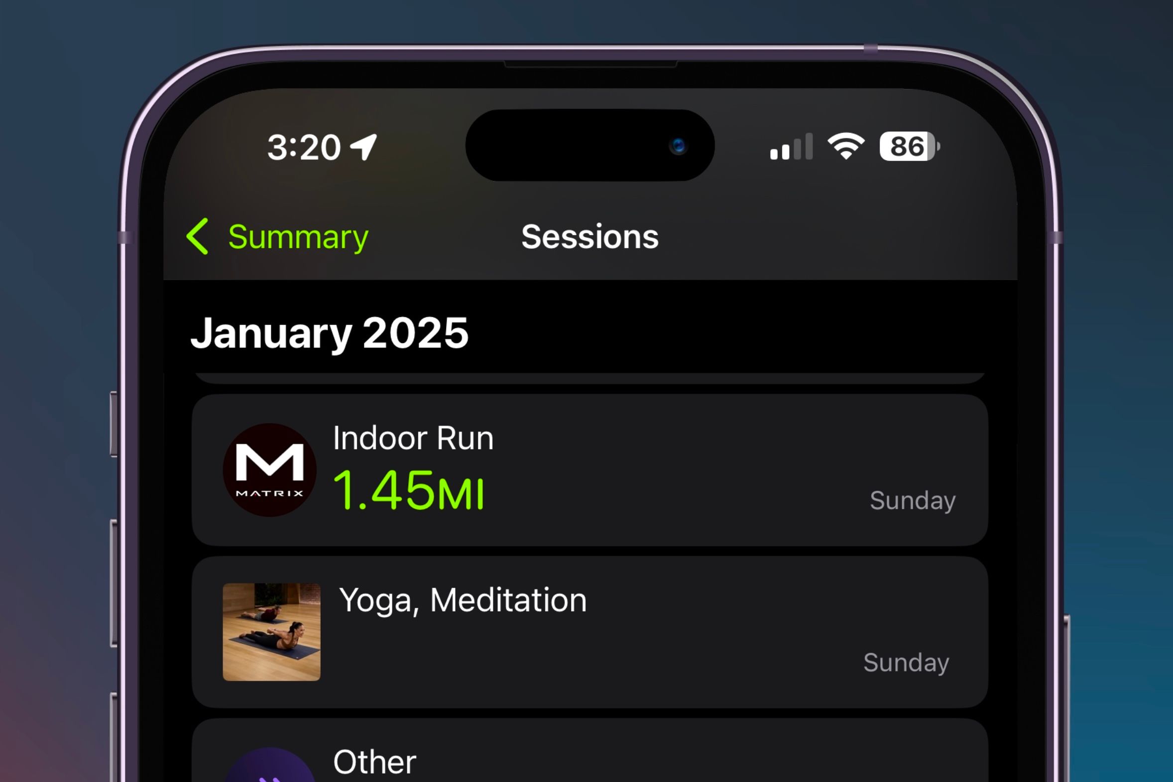 A workout done on gym equipment connected to an Apple Watch on an iPhone in front of a colorful background.