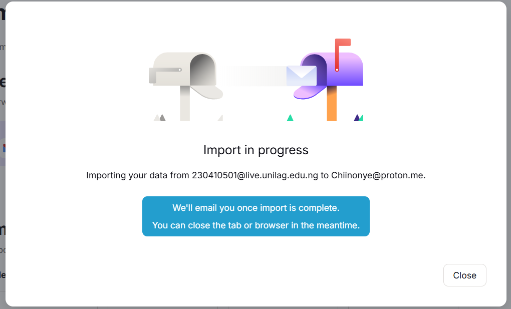 The "import in progress" notification indicating the process is ongoing.