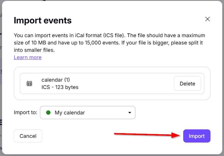 The "Import" option to complete the calendar transfer process.