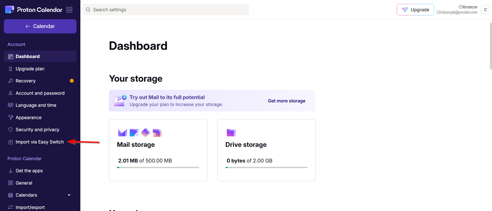 The "Import via Easy Switch" option in the settings sidebar.