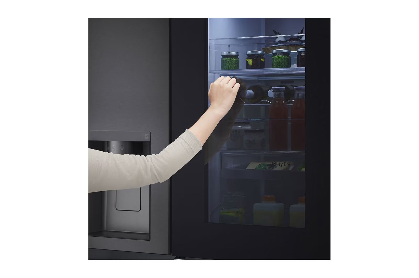 InstaView fridge showing food inside through the built-in screen