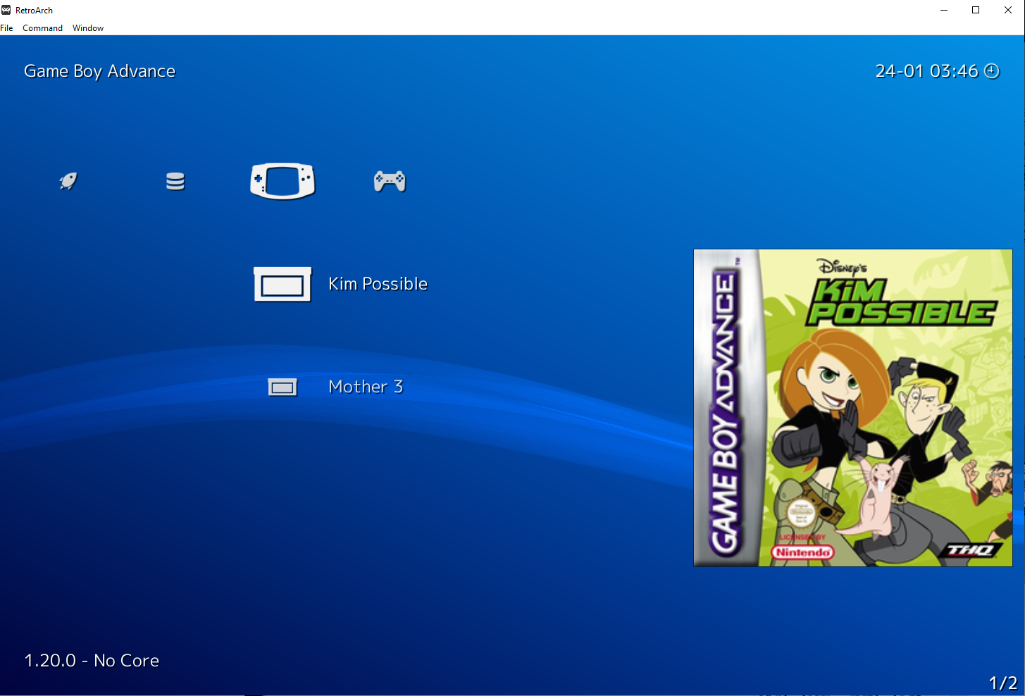 A few games in RetroArch, with Kim Possible selected.