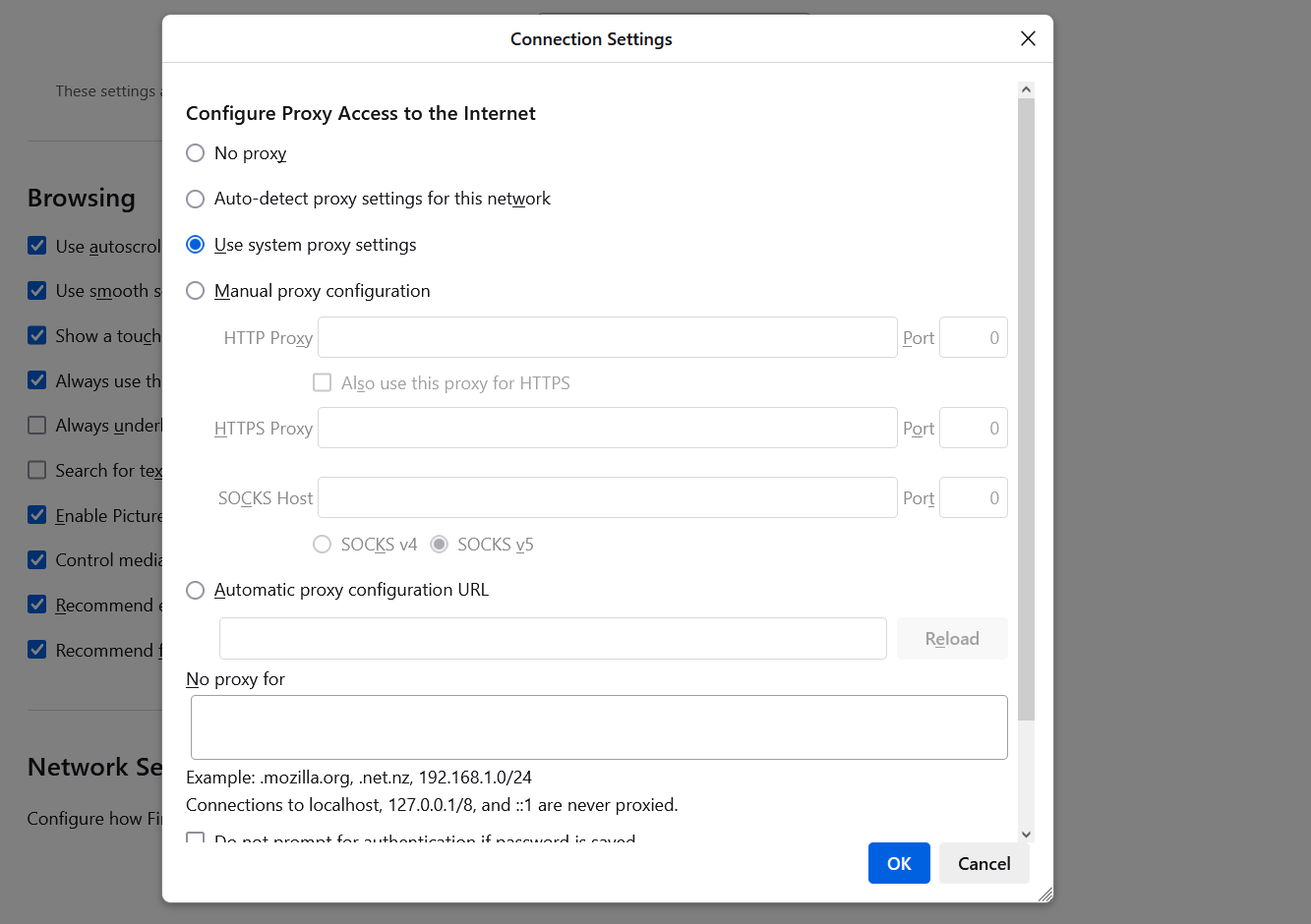 Firefox network settings.