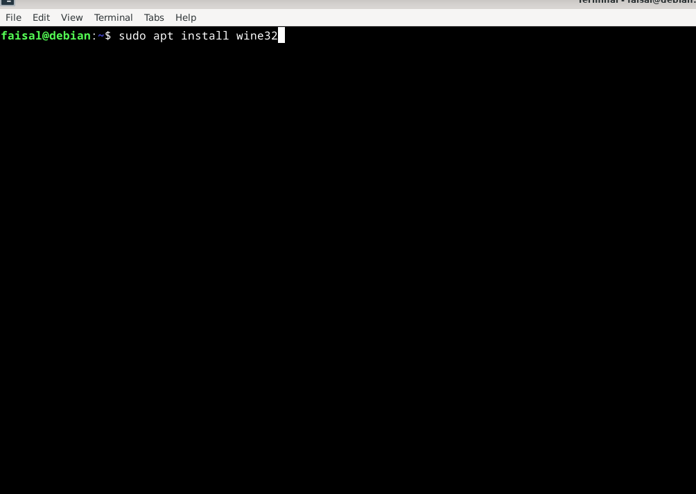 Installing wine using the Debian terminal.