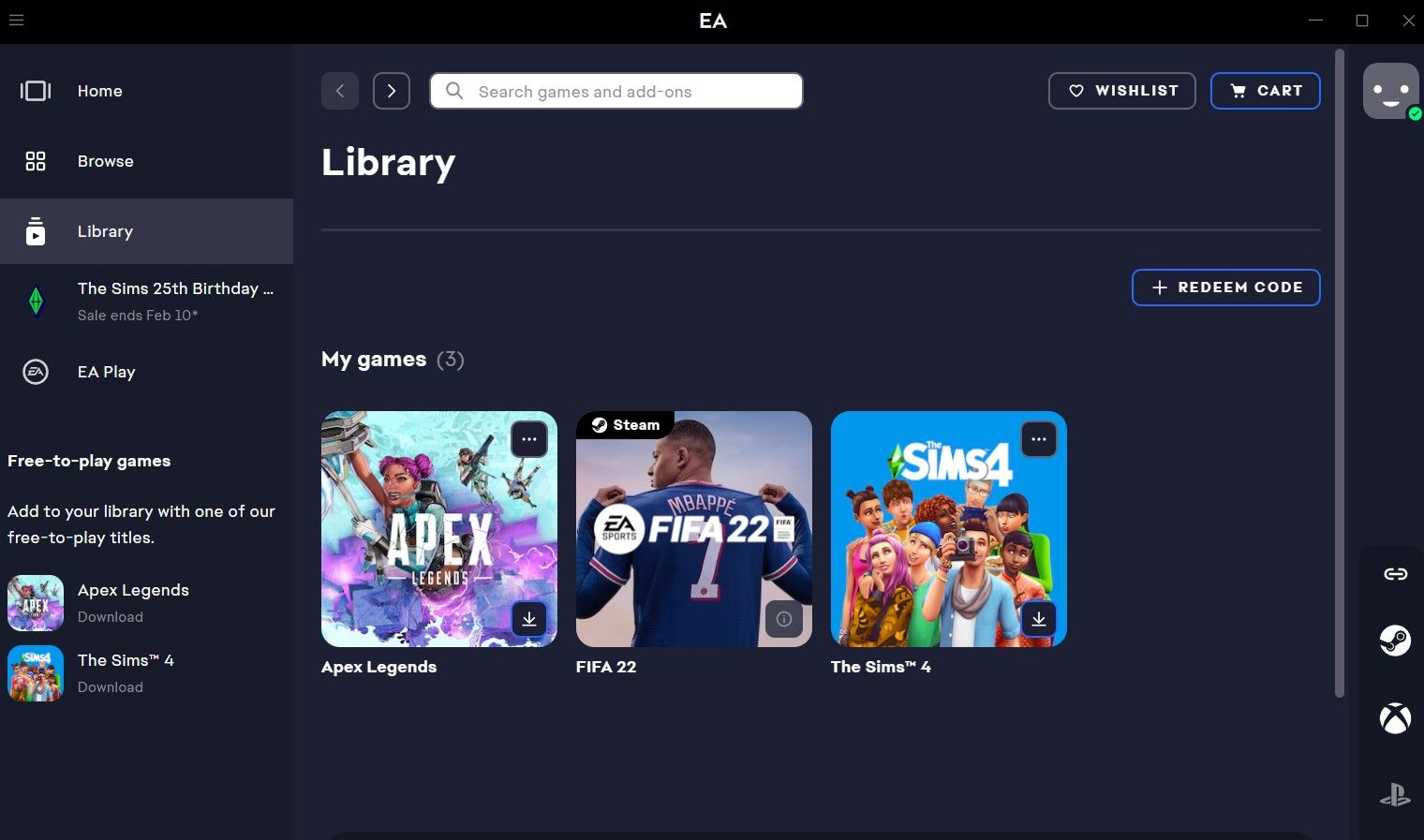 The Library tab in the EA app for Windows 11.