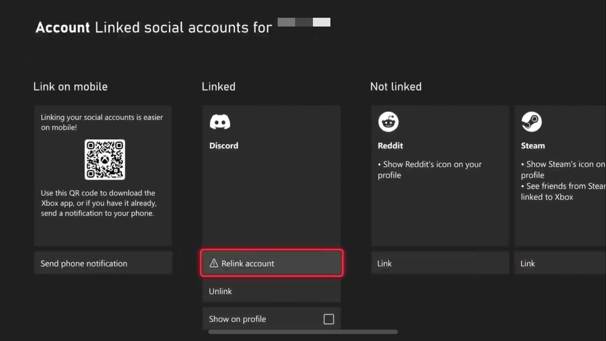 Linked social accounts in Xbox settings.