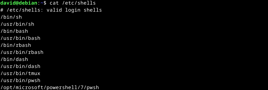 Output of "cat /etc/shells" command in Linux.