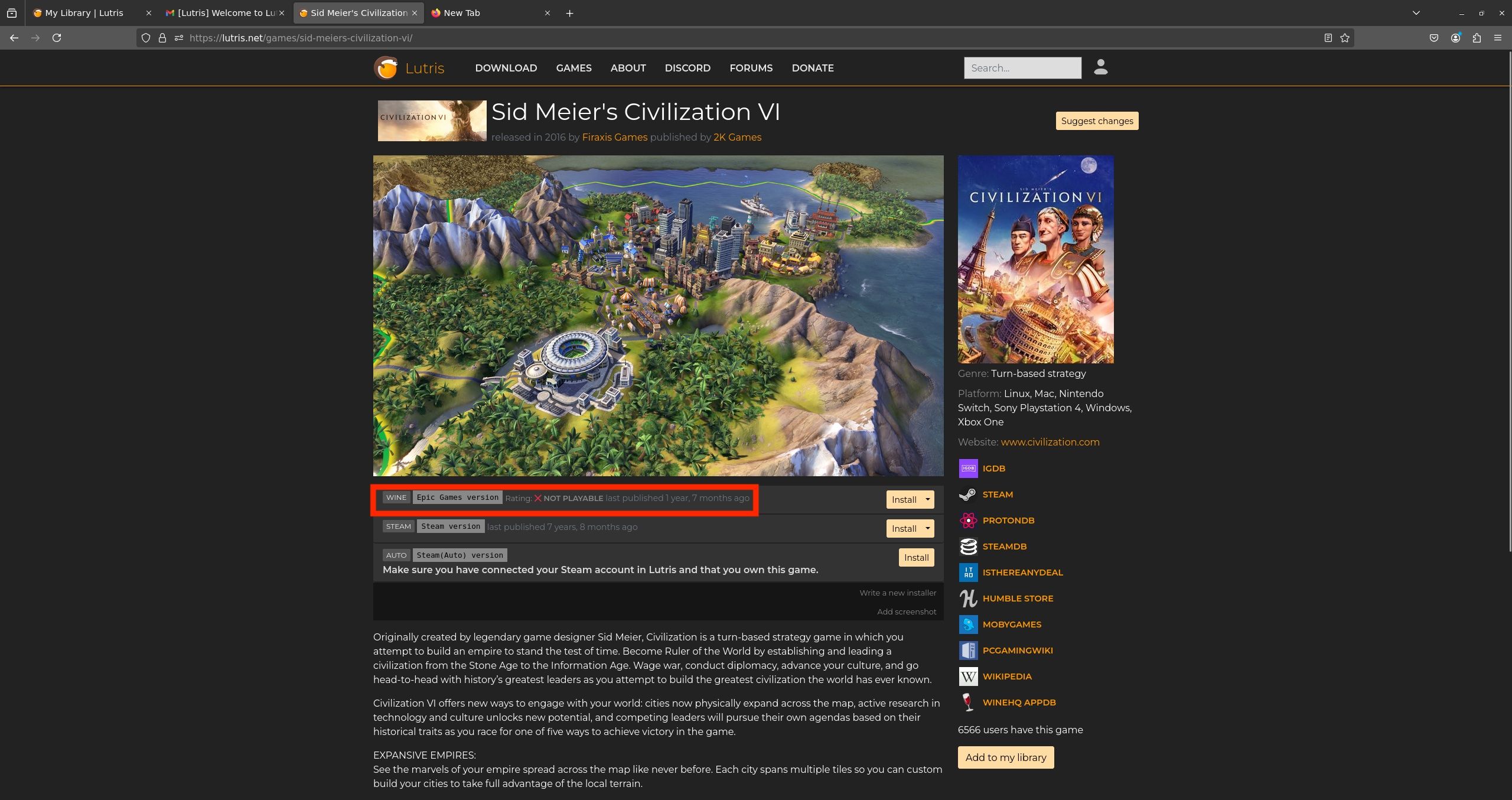 The page for Civilization VI on Lutris, with a red box highlighting that it's unplayable with the Epic Games store on Linux