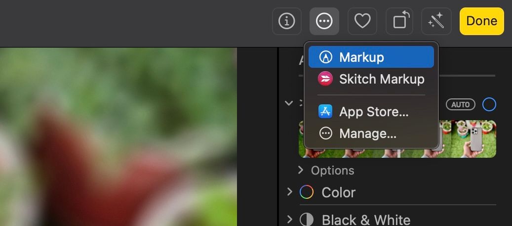 Selecting the Markup option from the extensions button in Photos.