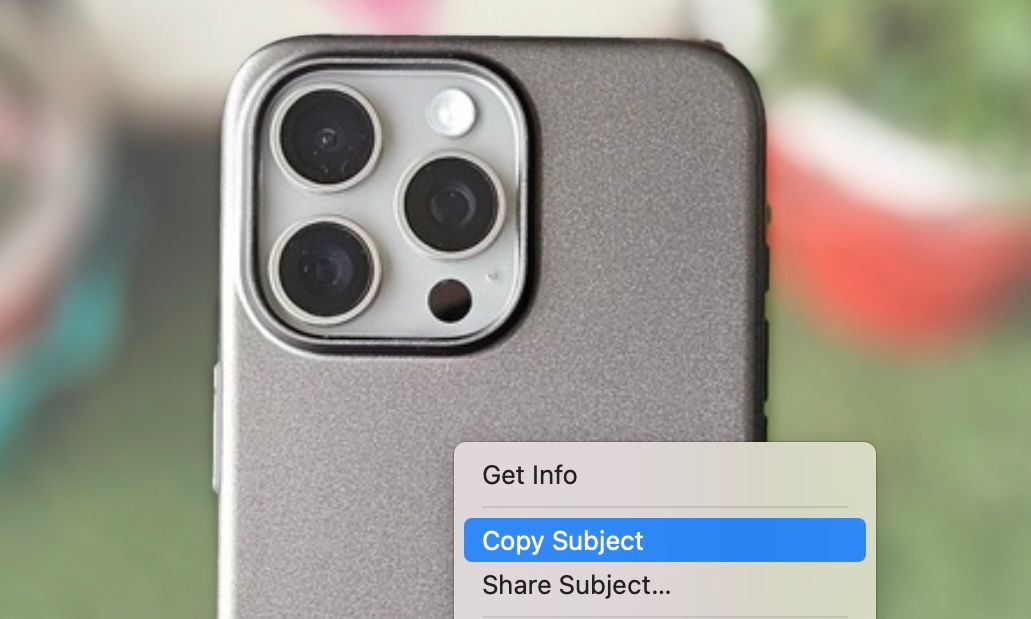 Copy Subject option in Mac Photos app to copy a photo's subject to clipboard.