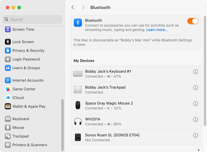 The macOS settings app showing the Bluetooth section with a Magic Trackpad and Magic Mouse connected.