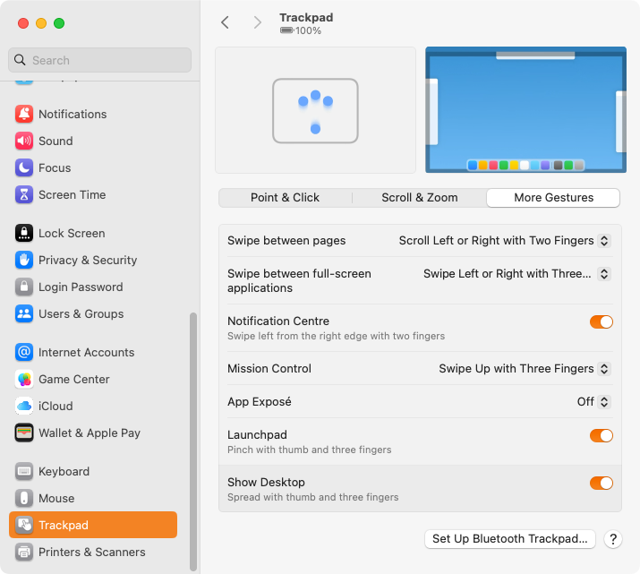 The macOS settings app showing the Trackpad section with options for Scroll & Zoom and More Gestures.