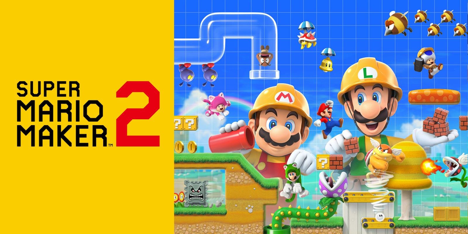 A Super Mario Maker 2 promotional image showing Mario & Luigi in builder's hats, arranging typical elements like pipes and blocks.