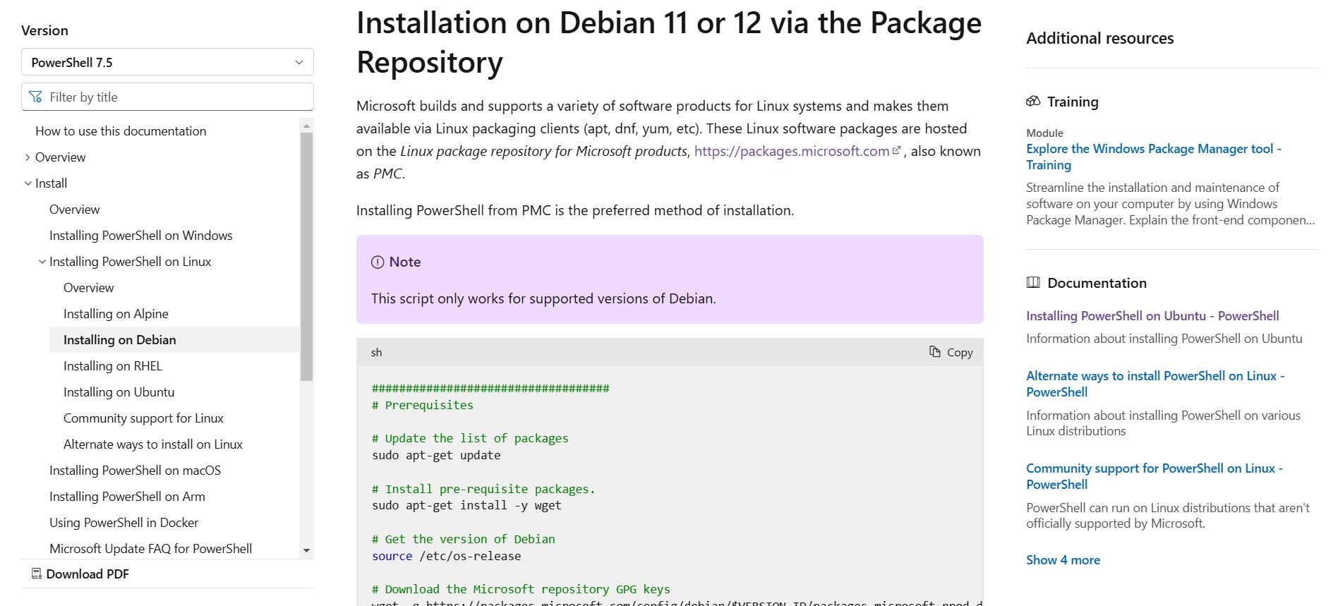 Microsoft Debian PowerShell installation page with copyable script.