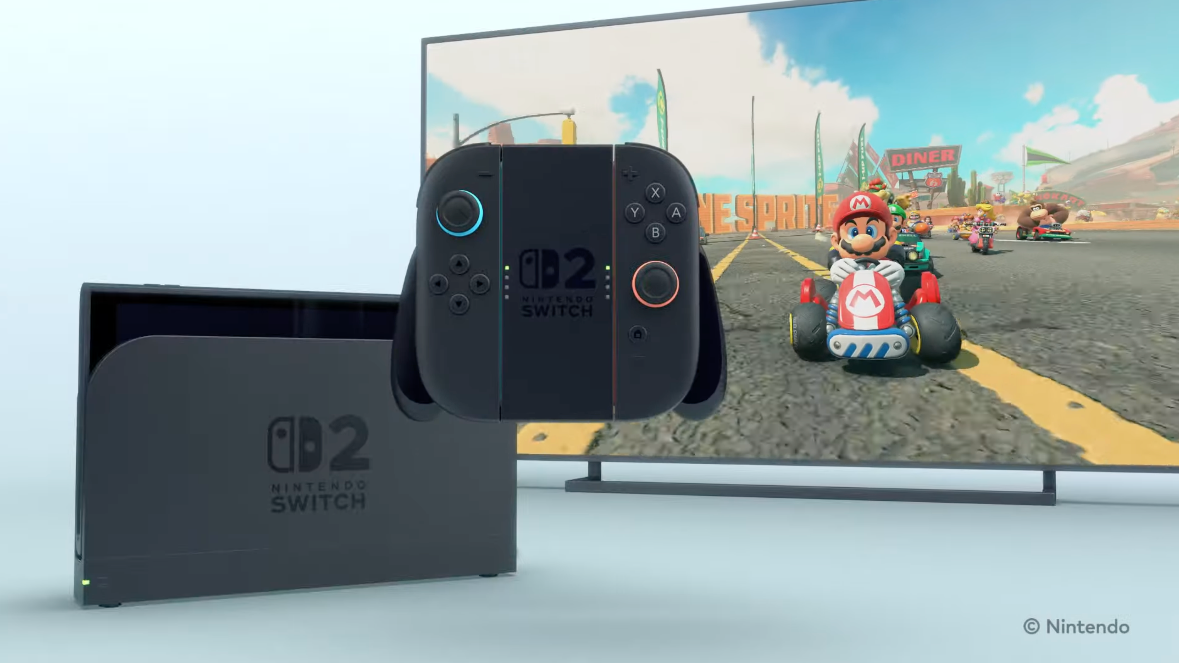 Nintendo Switch 2 docked playing Mario Kart.