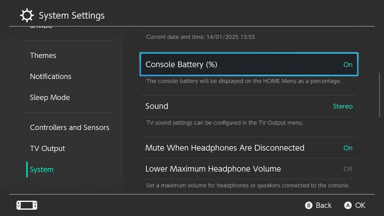 Nintendo Switch battery percentage settings.