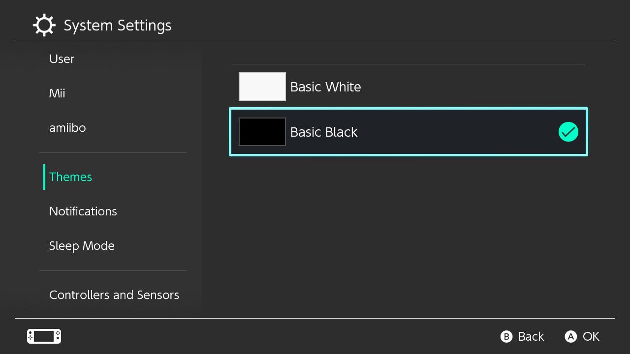 Nintendo Switch black theme settings.