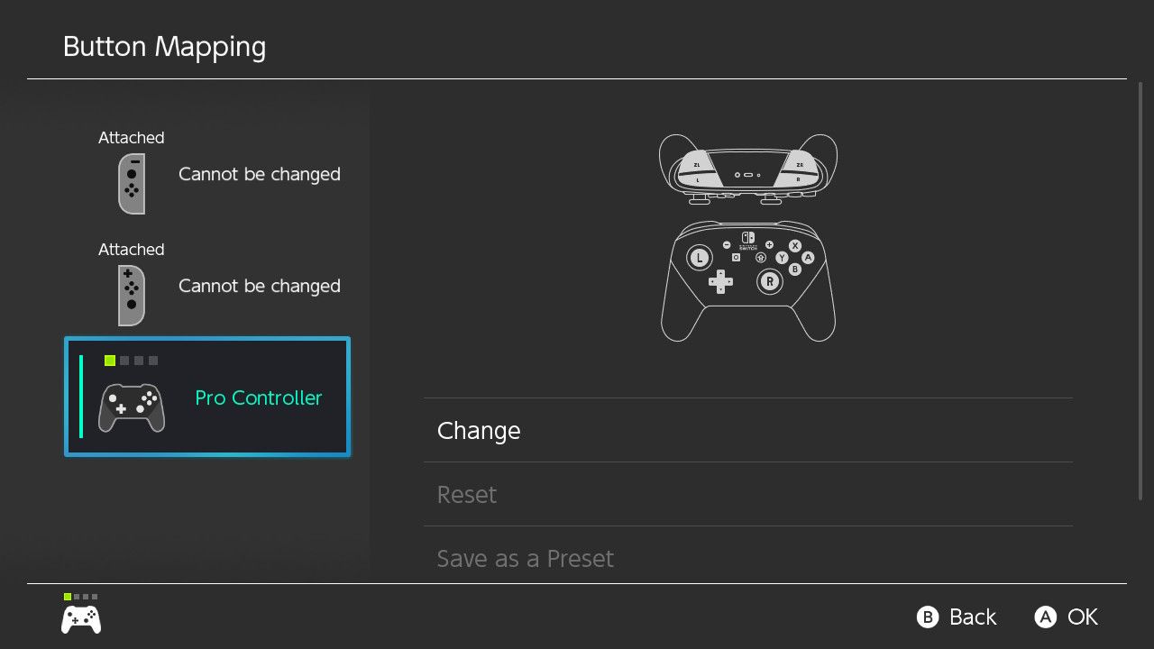 Nintendo Switch button mapping settings.