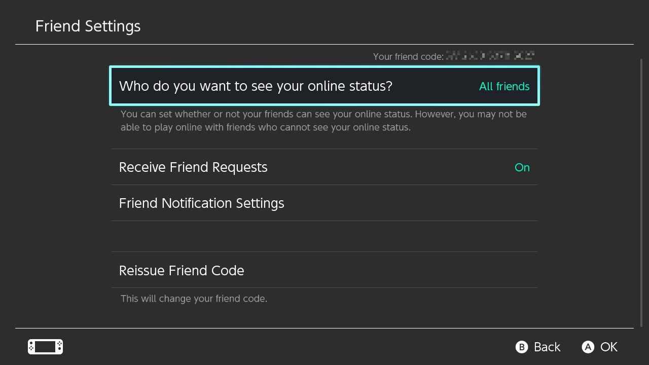 Nintendo Switch friend privacy settings.