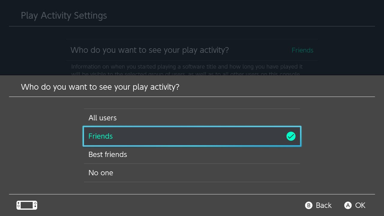 Nintendo Switch play activity settings.