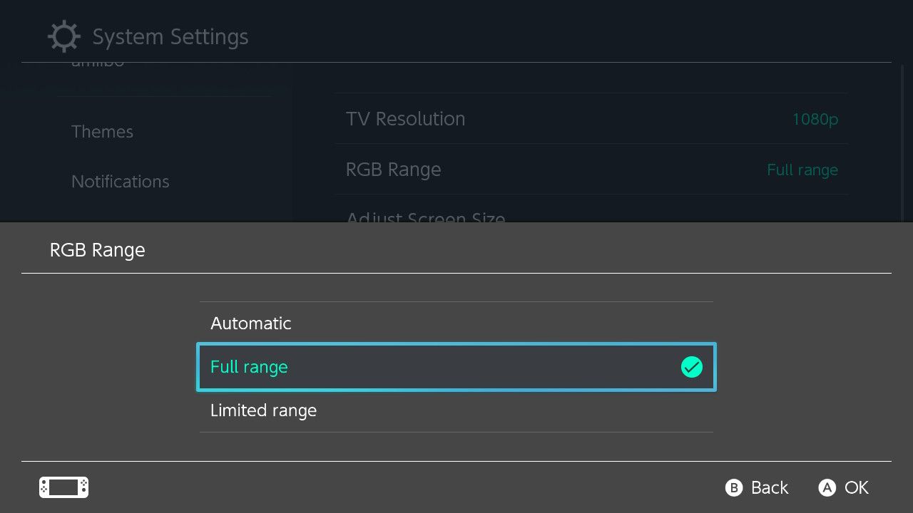 Nintendo Switch RGB Range settings.