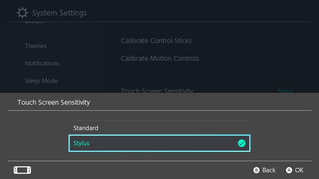 Nintendo Switch touch screen sensitivity settings.