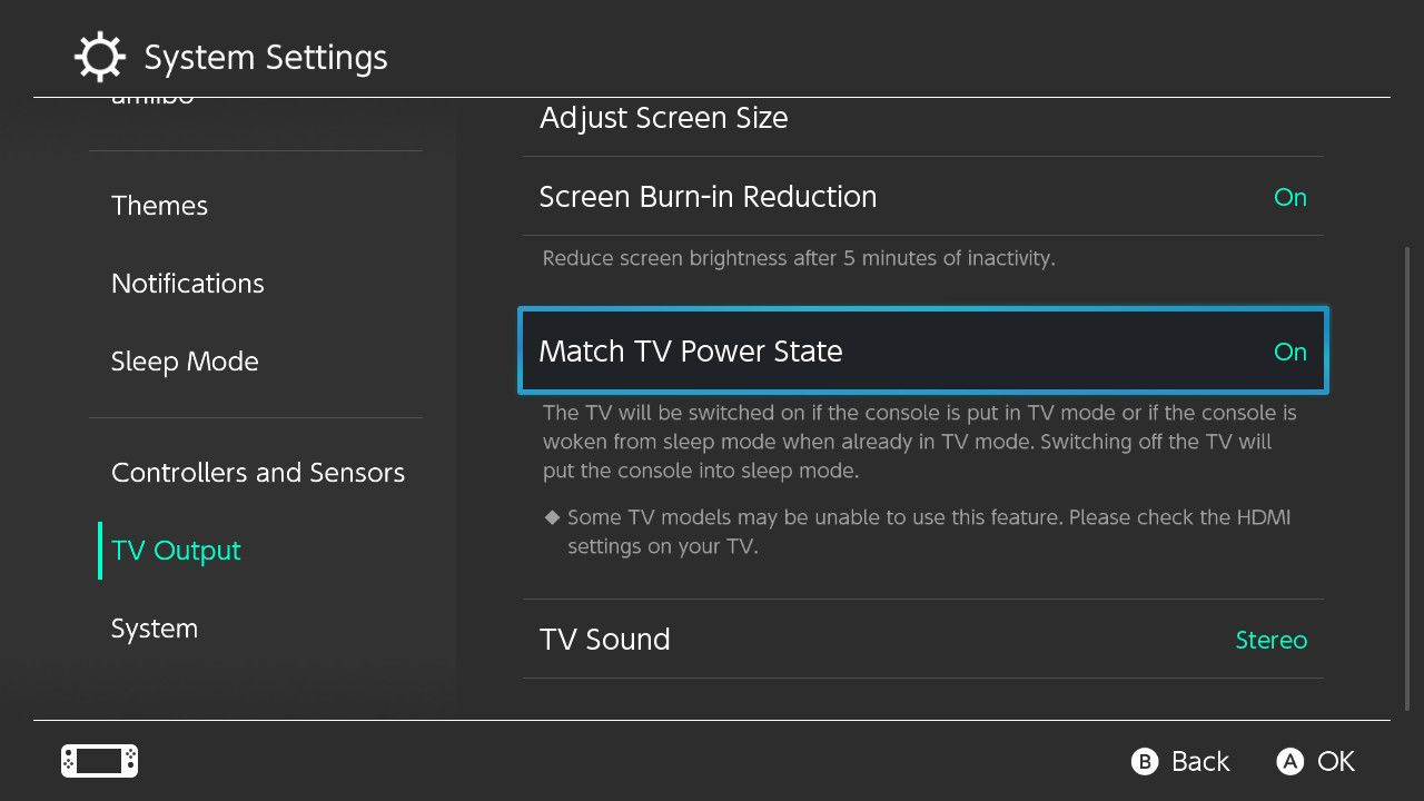 Nintendo Switch TV power state matching.