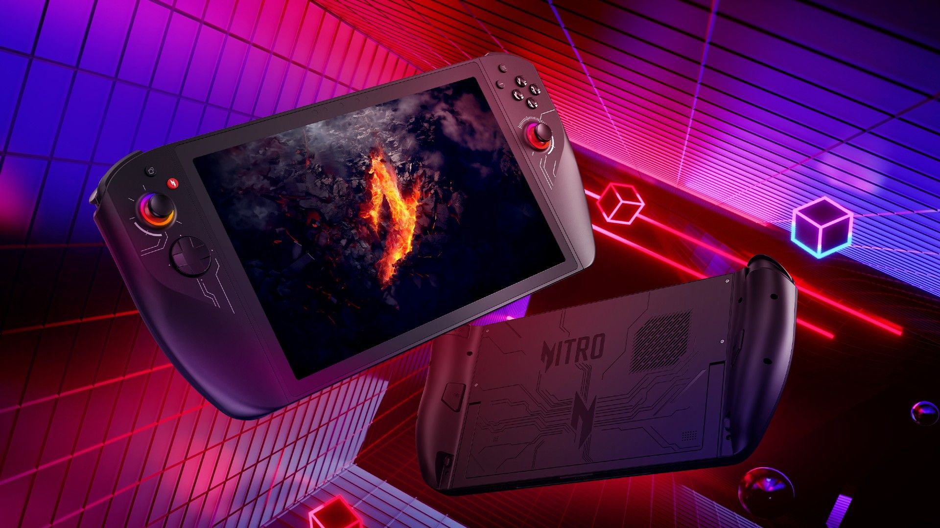 An artistic representation of the Acer Nitro Blaze 11 floating in space against a red background.