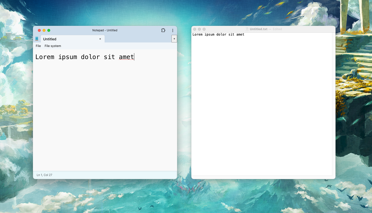 A NotepadJs window, running as a native app, alongside a TextEdit window on macOS.