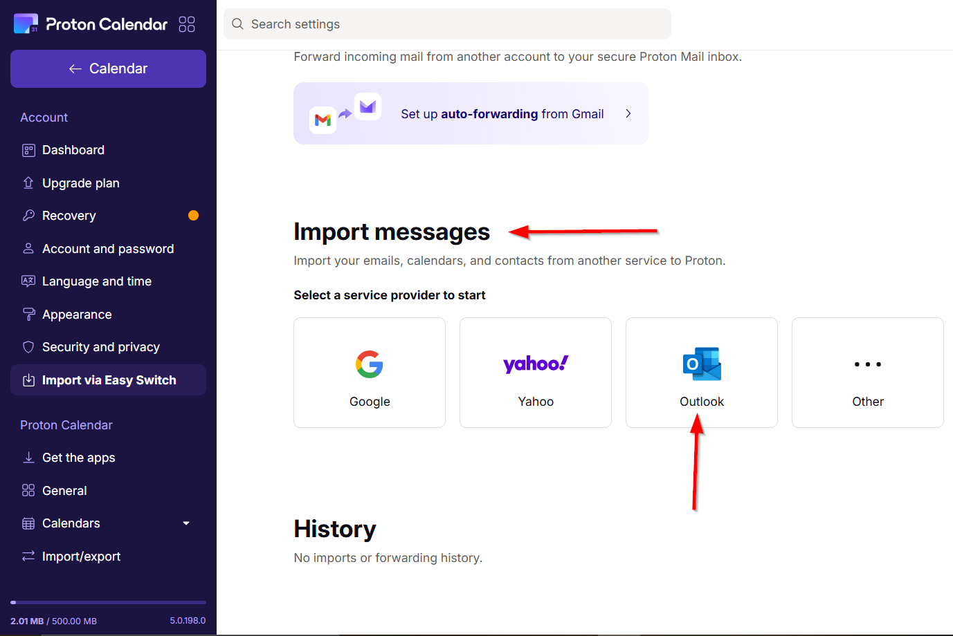 The "Outlook" option under the "Import messages" section.