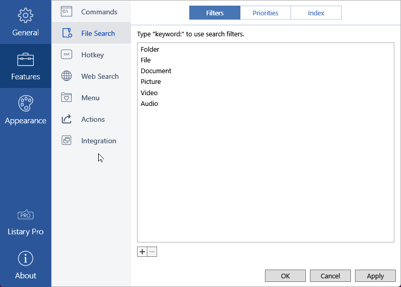 Overview of Listary's default actions and features.