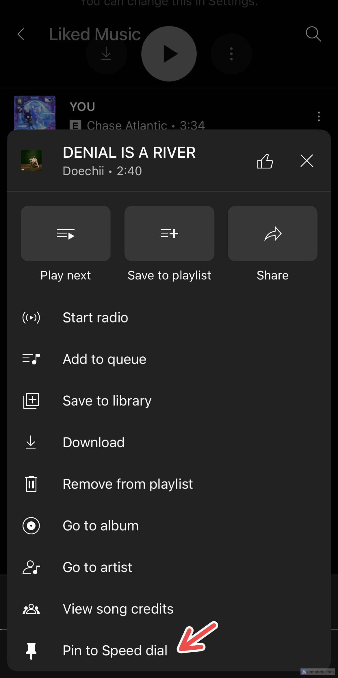 YouTube Music's Pin to Speed Dial feature.