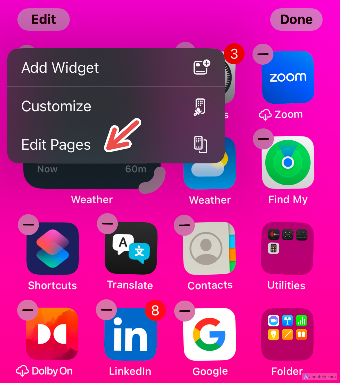 Editing pages on an iPhone home screen.