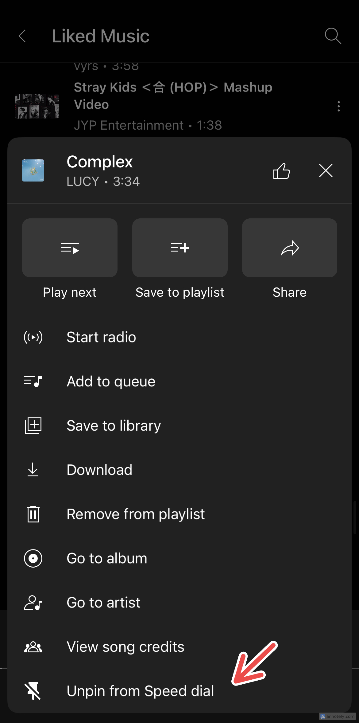 Unpinning an item from Speed Dial on YouTube Music.