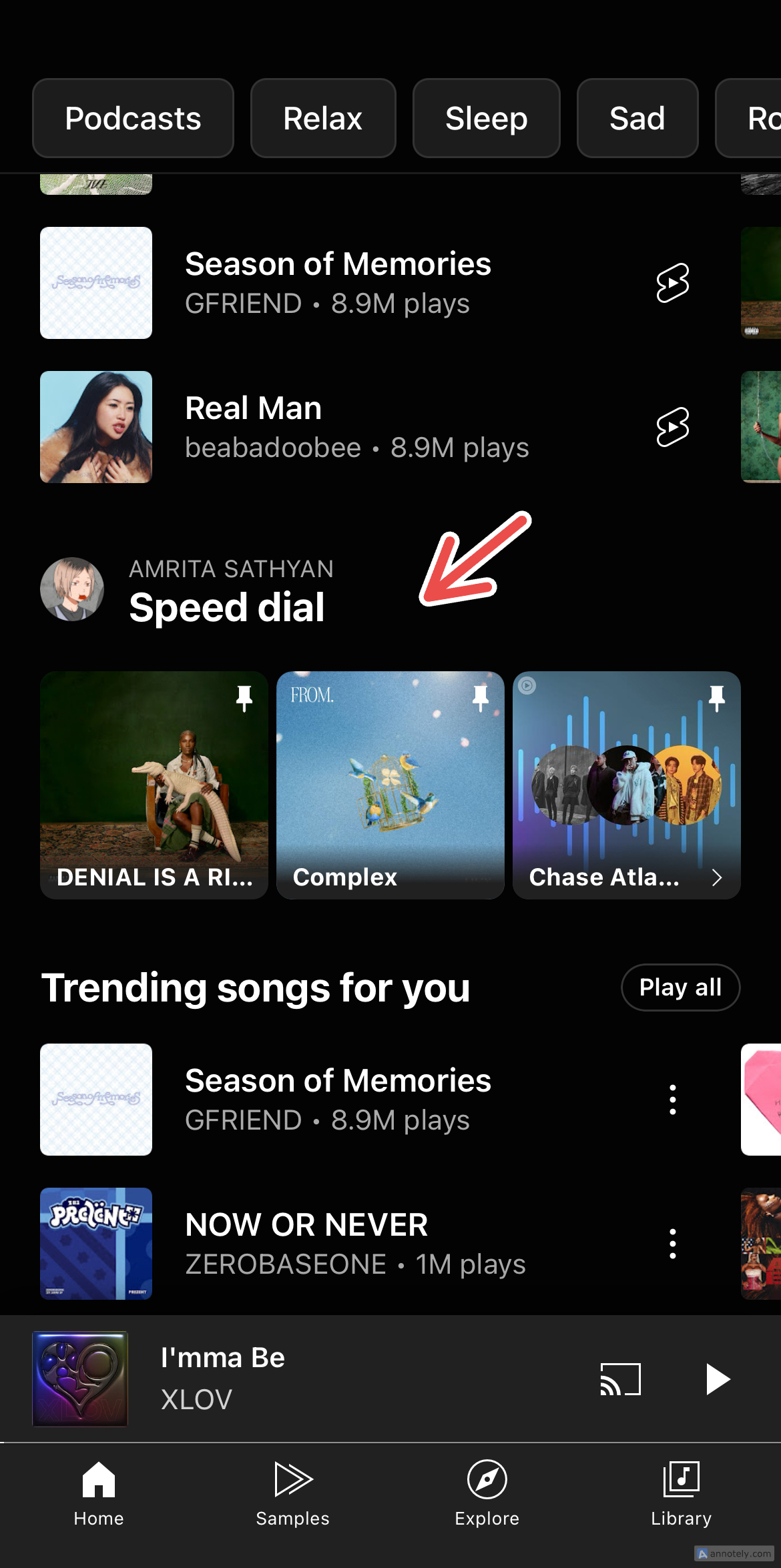 YouTube Music's Speed Dial widget.