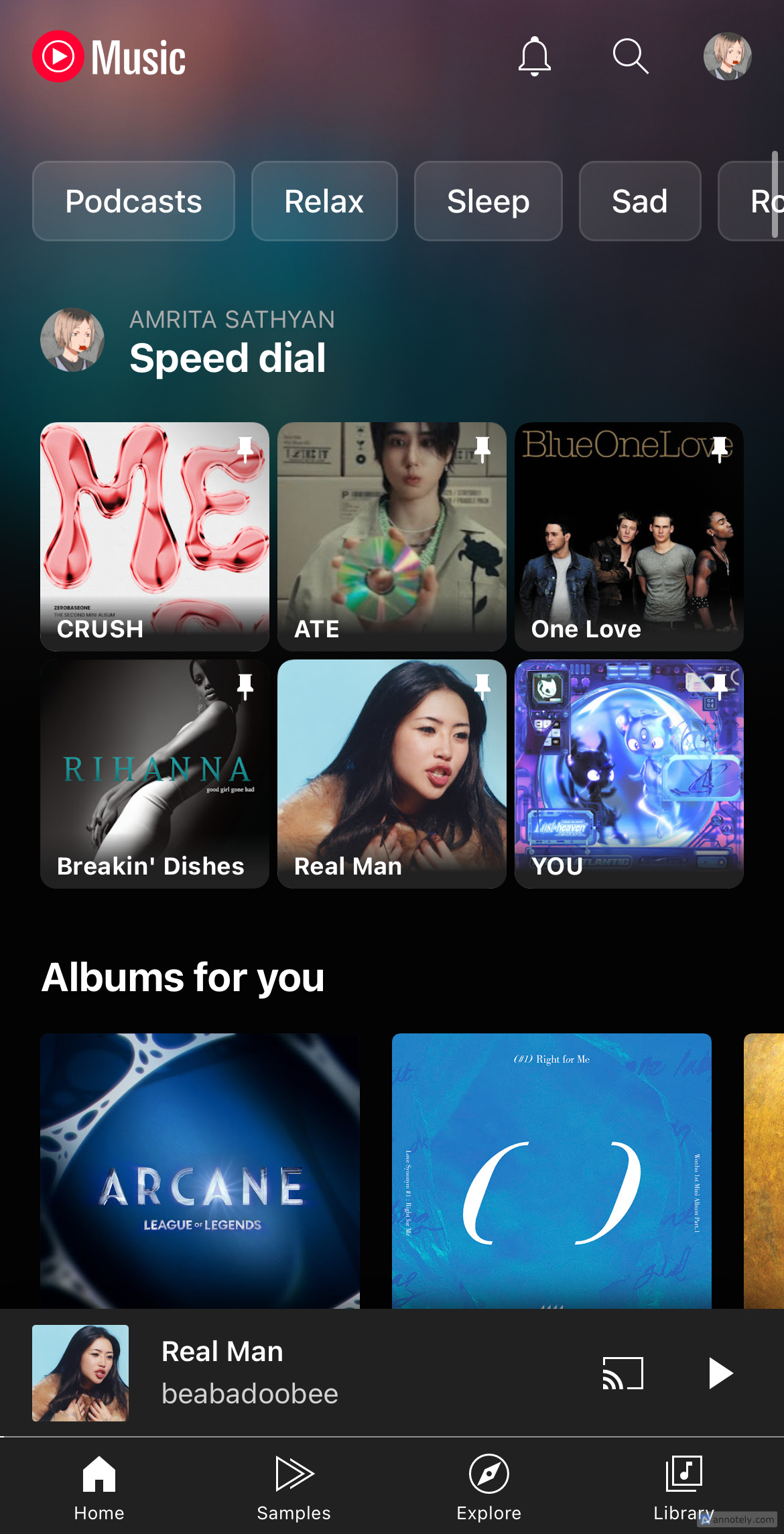 Items pinned to Speed Dial on YouTube Music.