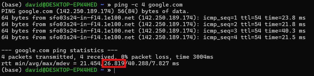 Ping results of google.com with the mean round trip time highlighted in a red box.