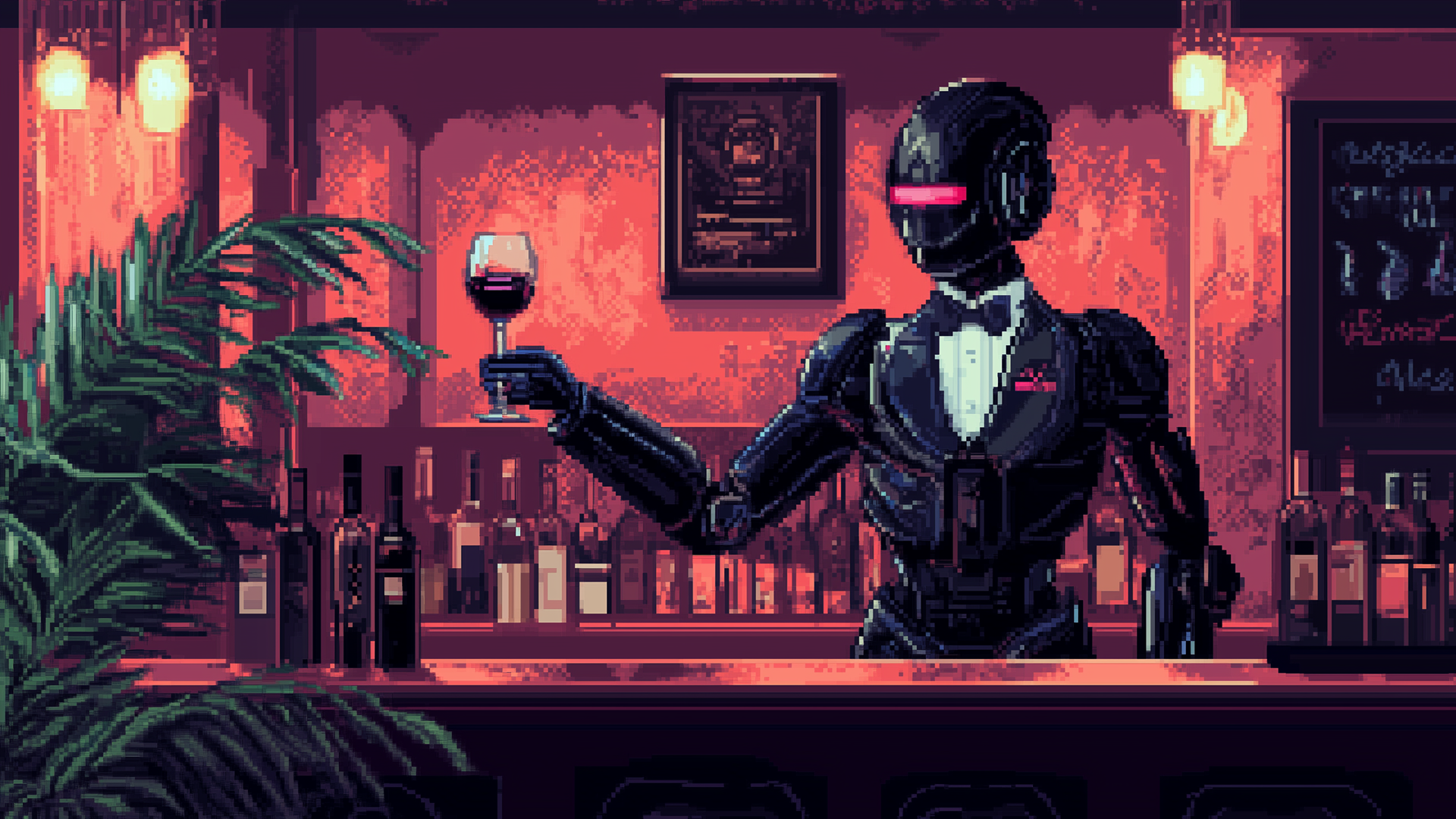 Pixel art of a robot butler serving wine