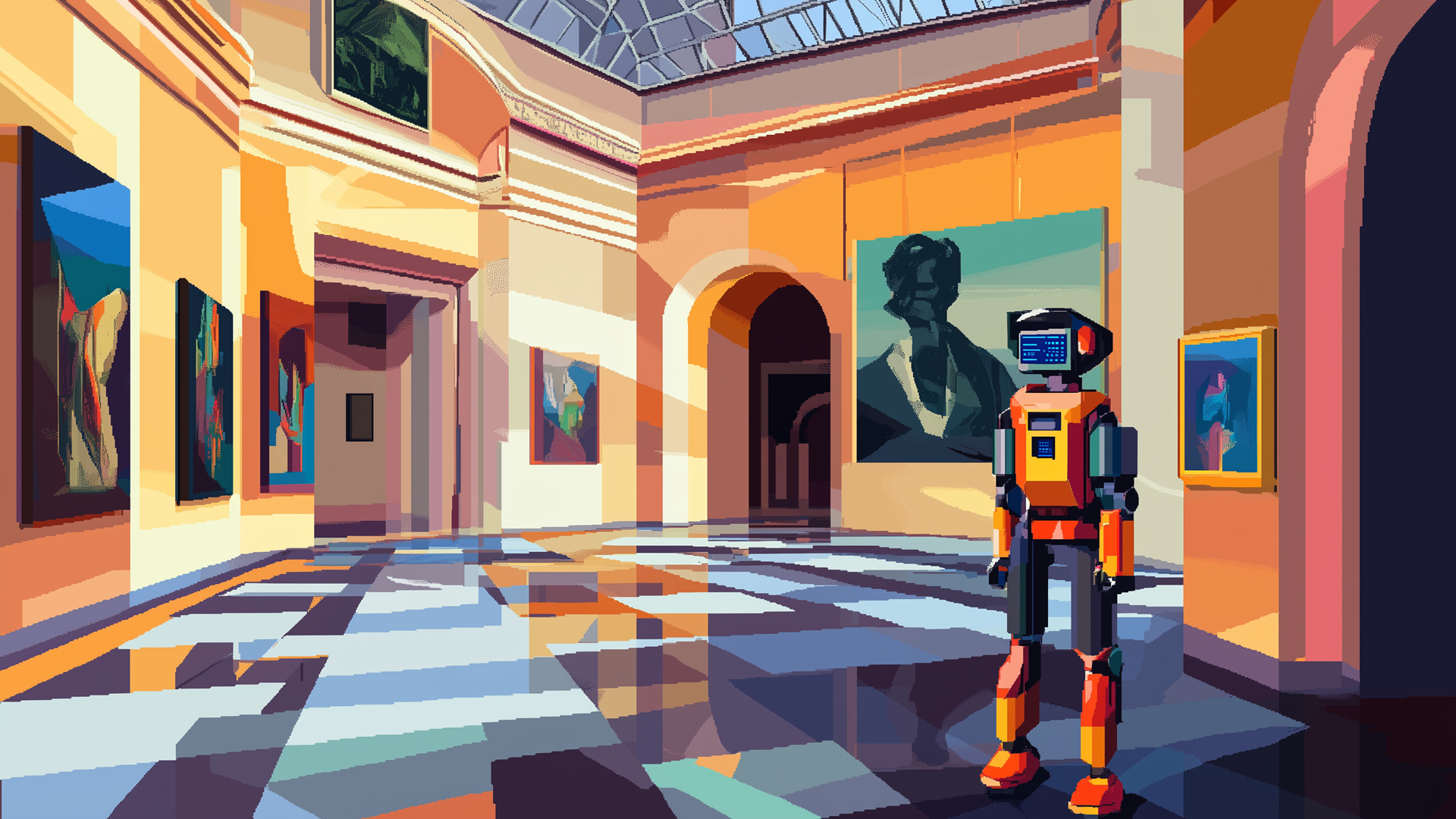 Pixel art of a robotic tour guide in an art museum