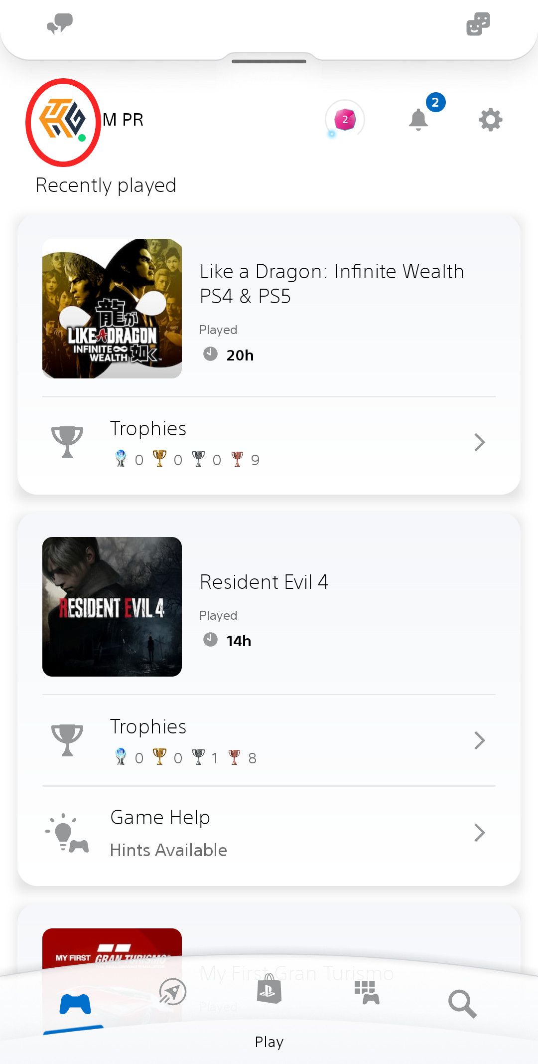 A screenshot of the PlayStation app with a red circle around the profile icon.