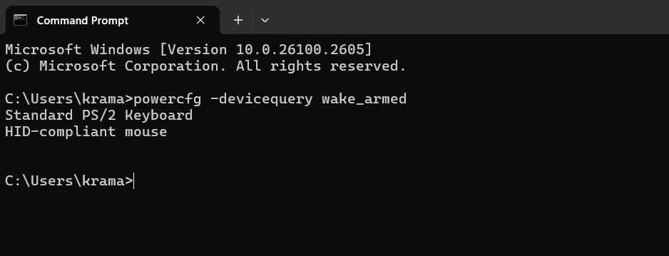 powercfg -devicequery wake_armed command in the Command Prompt window.