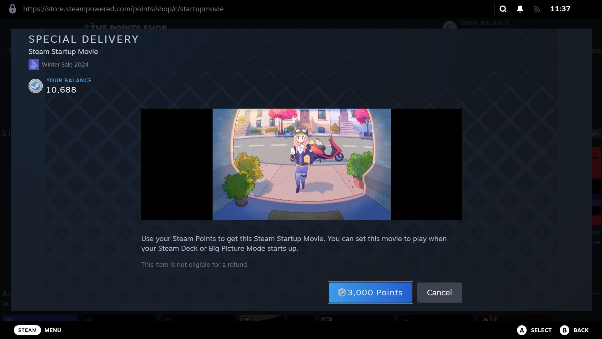 Previewing a Steam startup movie in the Points Shop.