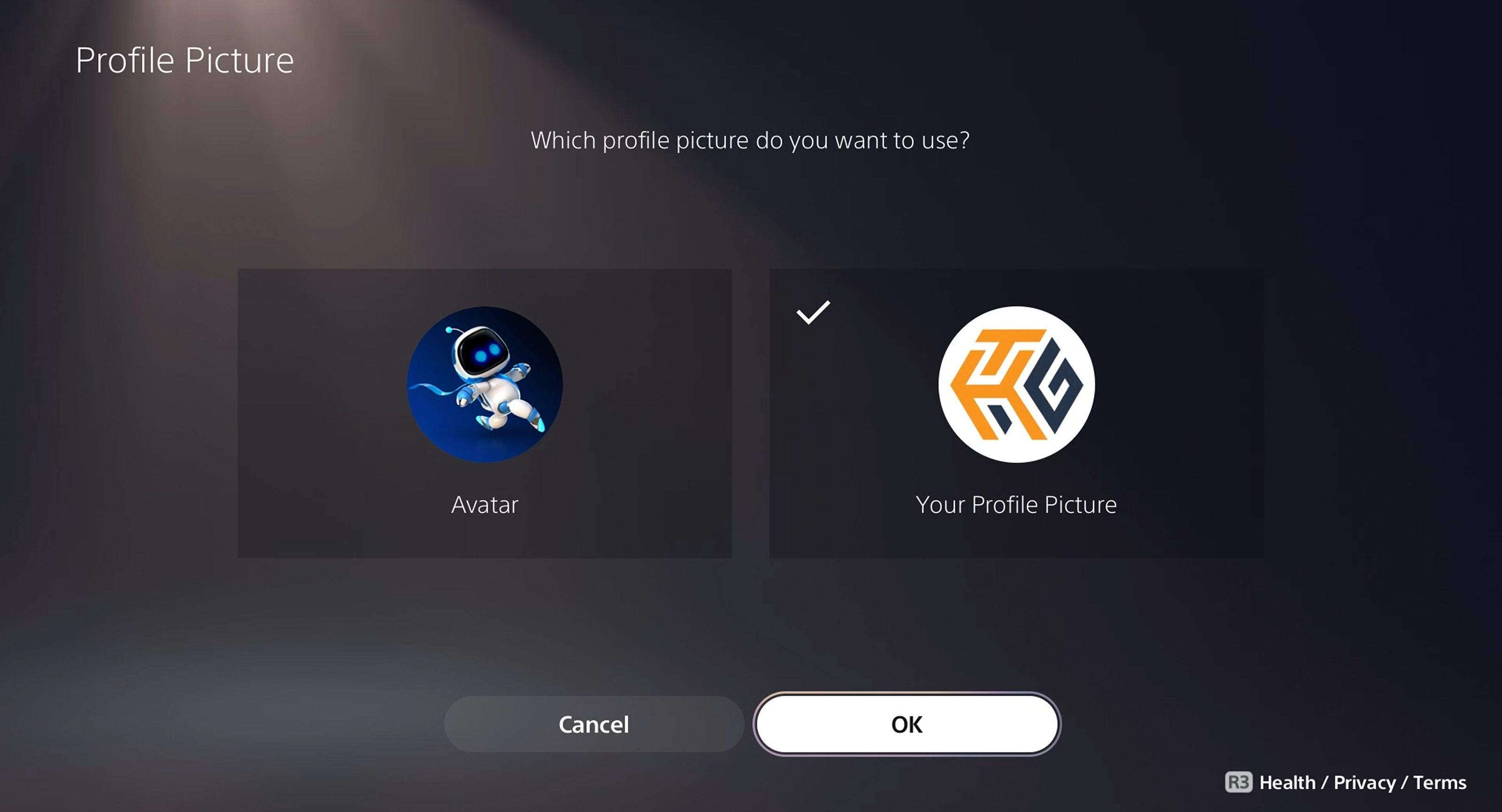 Screenshot of the profile picture page on the PS5.