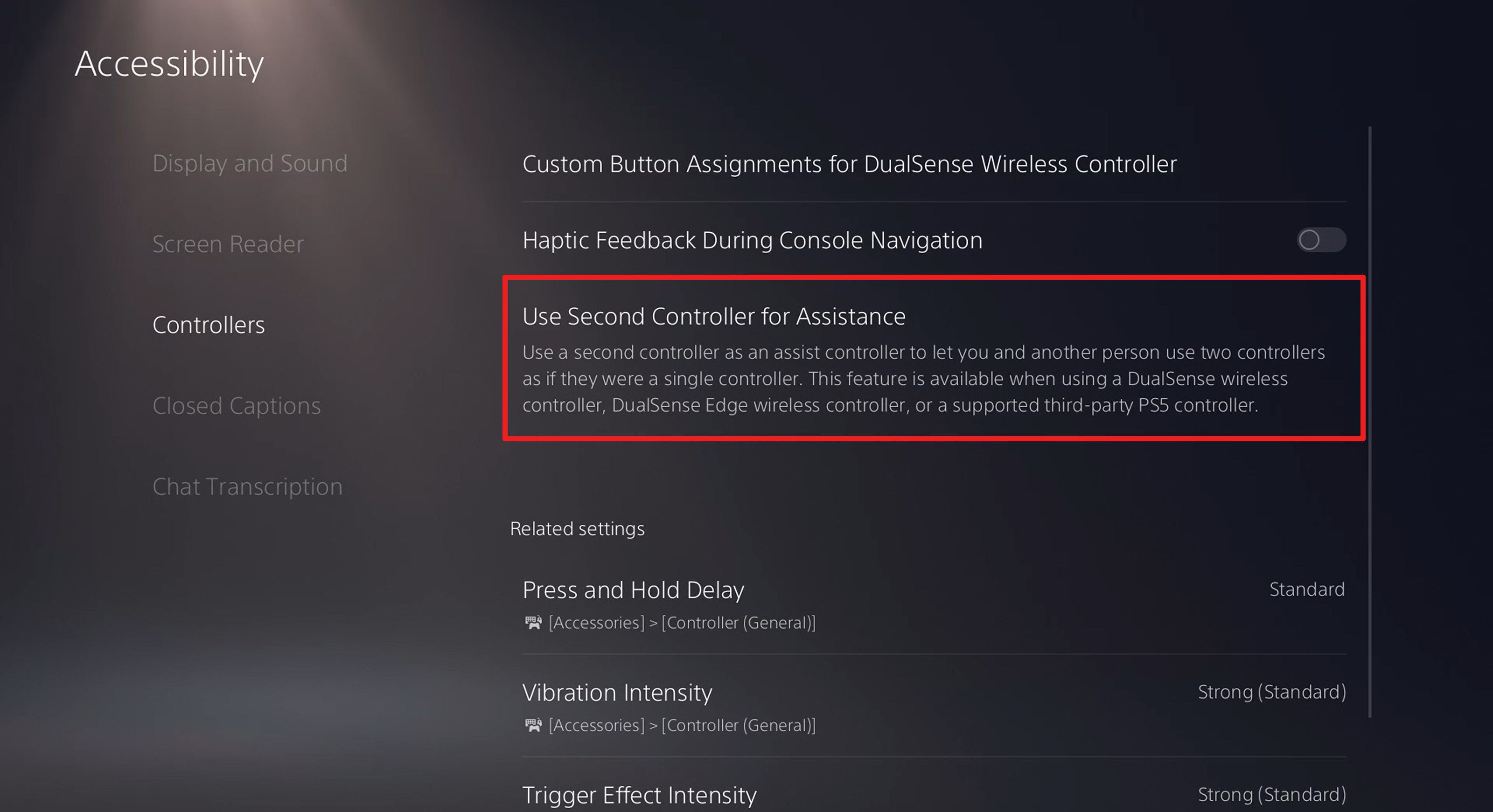 The "Use Second Controller for Assistance" option highlighted in red in the PS5 accessibility menu.