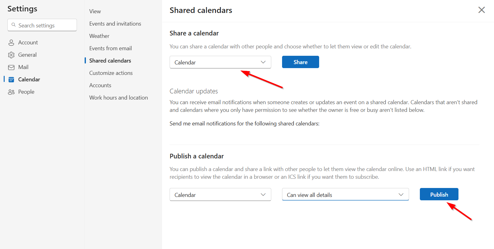 The "Publish" button for sharing your Outlook calendar.