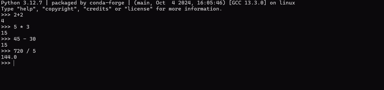 Simple arithmetic performed in the Python interpreter.