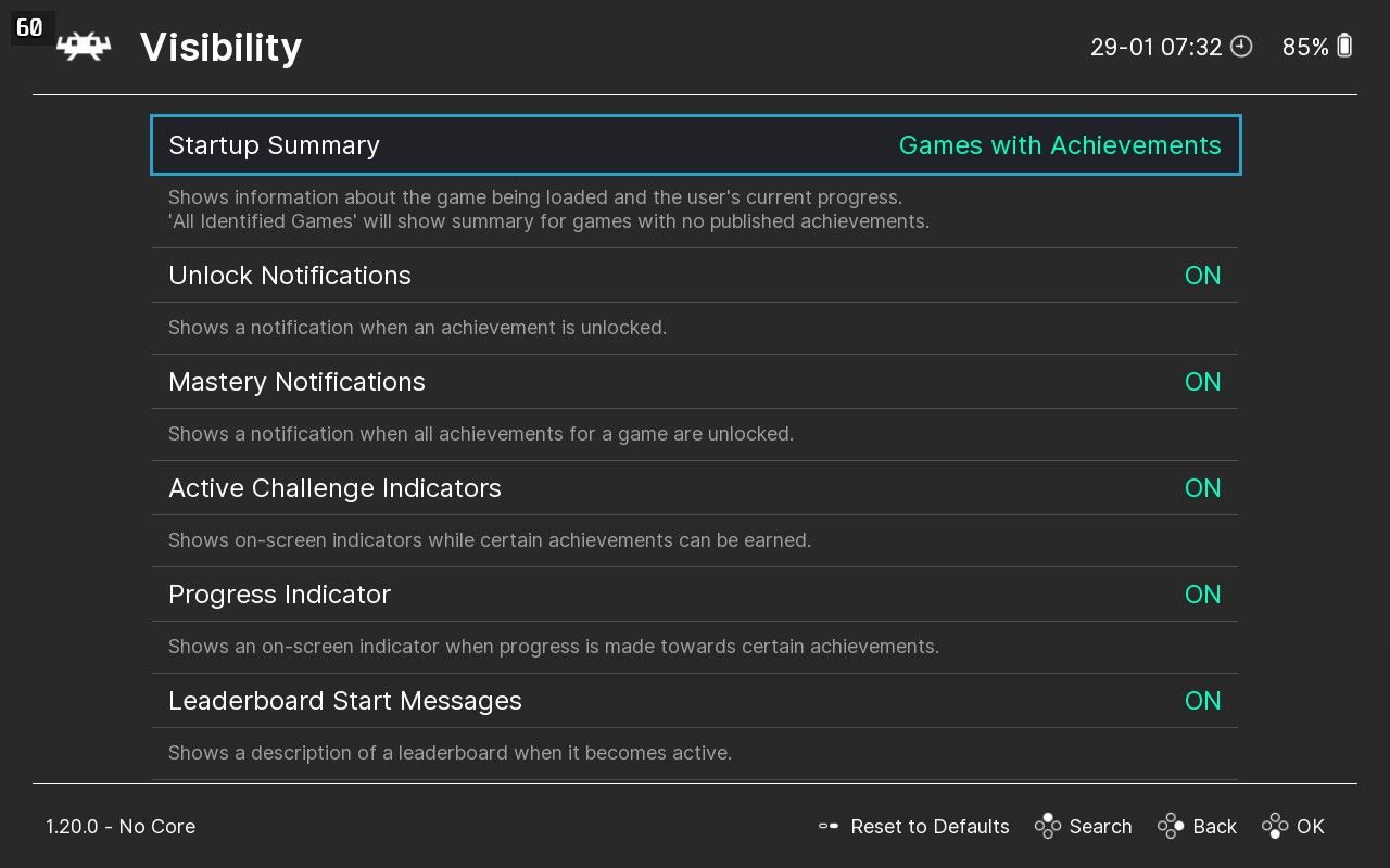 RetroArch settings for Achievements visibility.