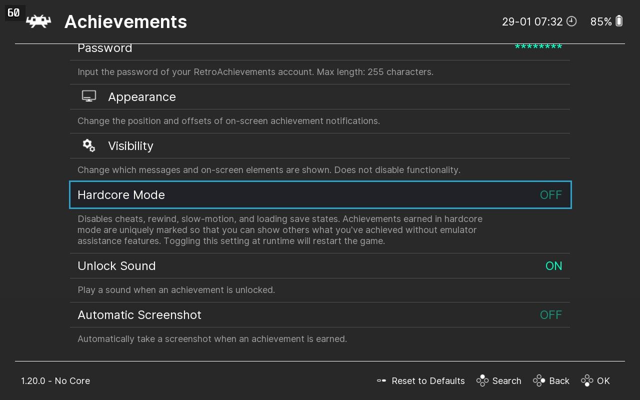 RetroArch settings for Hardcore Mode in Achievements.