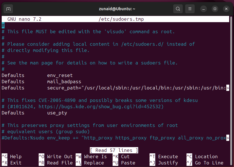 Running the visudo command to check the default text editor on Linux.